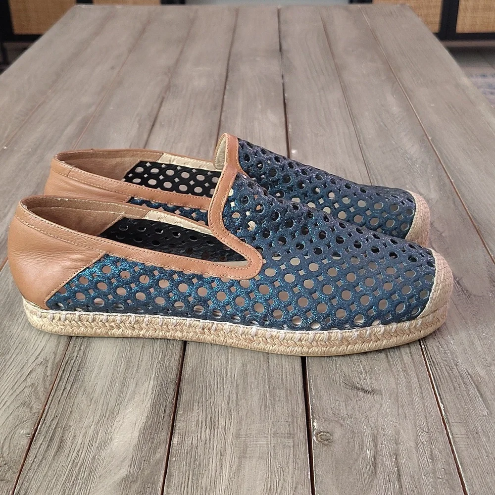 Stuart Weitzman Metallic Blue Glitter Laser Cut County Espadrilles Size EU 40